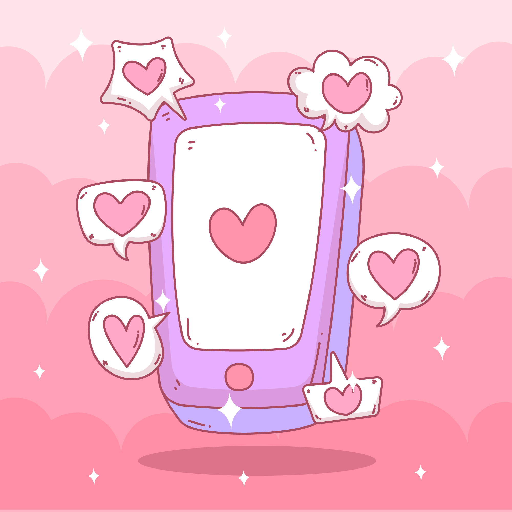 Hand drawn cell phone with hearts